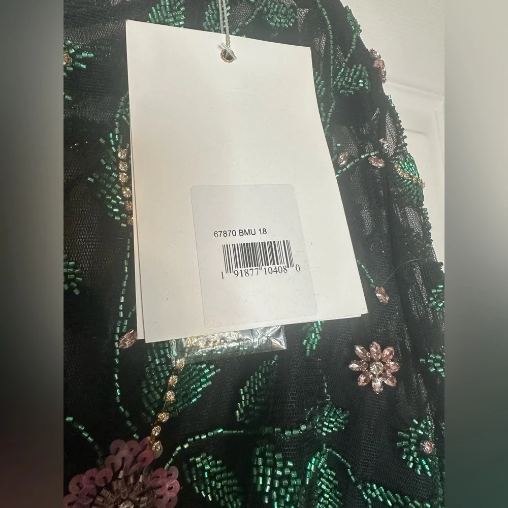 Mac Duggal Black Dress with Green Floral Sleeves - Picture 8 of 9